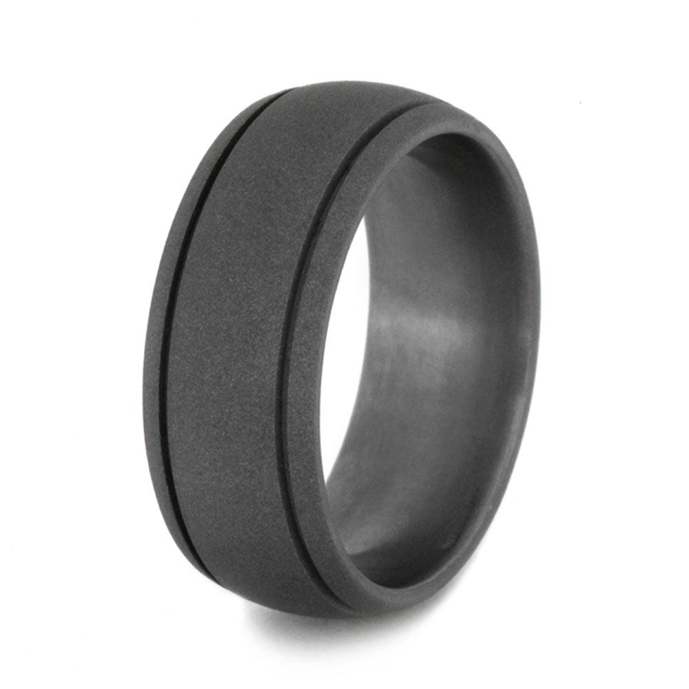 Round Wedding Ring with Sandblasted Titanium and Grooved Pinstripes-1367 - Jewelry by Johan