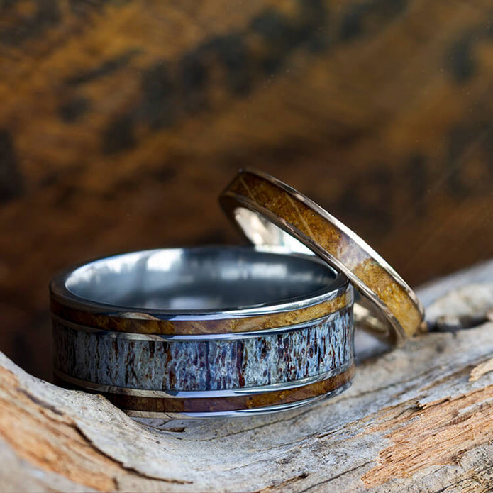Whiskey Barrel Wood and Antler Ring Set
