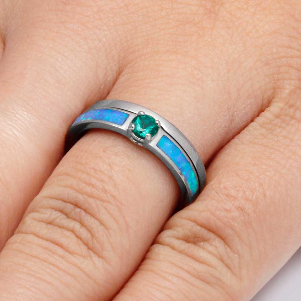 Round Emerald Engagement Ring with Opal in White Gold-2833 - Jewelry by Johan