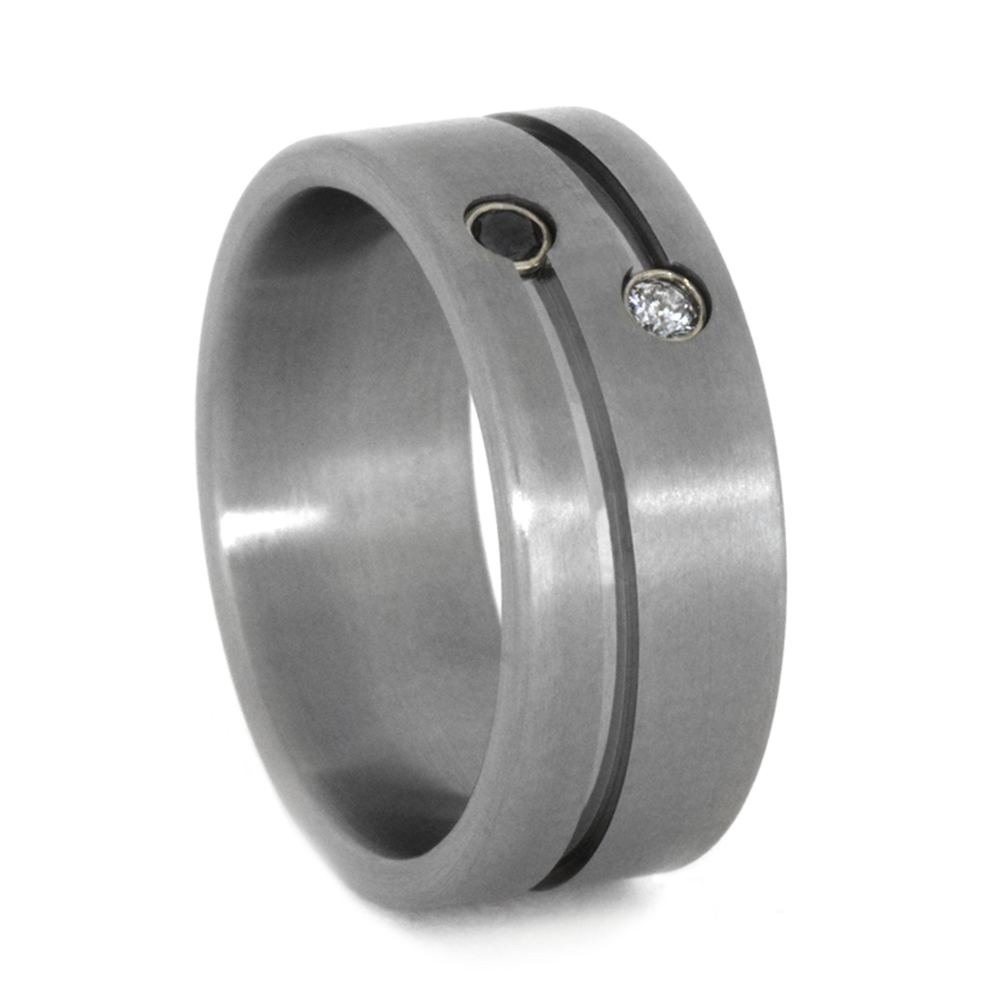 Double Diamond Ring in Grooved Titanium Wedding Band-3395 - Jewelry by Johan