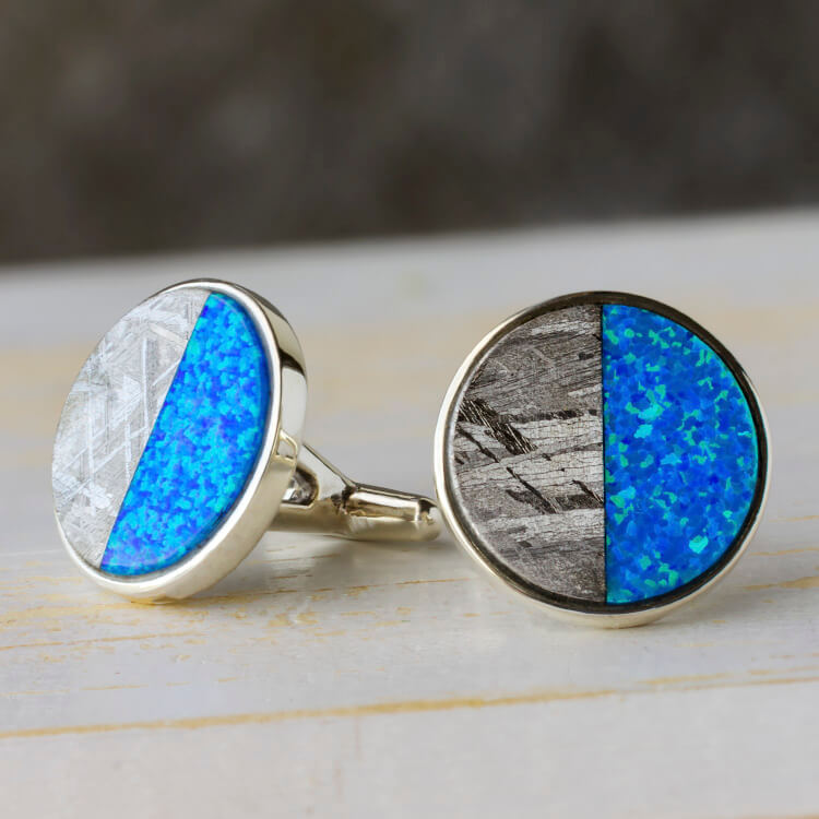 Round Opal and Meteorite Cuff Links in Sterling Silver