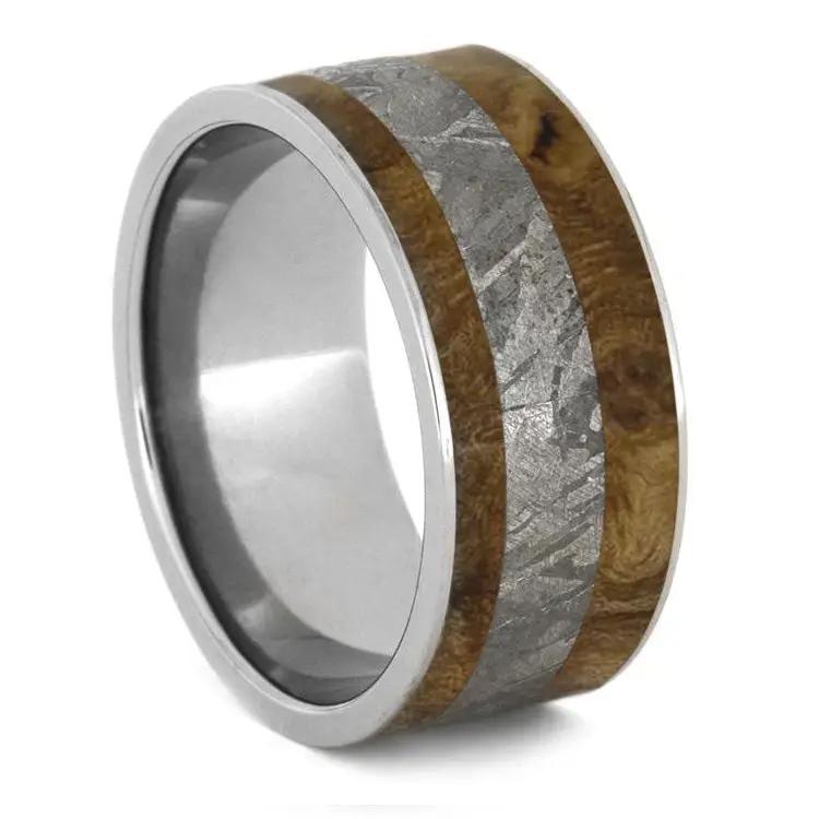 Meteorite Ring and Waterproofed Black Ash Burl Wood-1055 - Jewelry by Johan