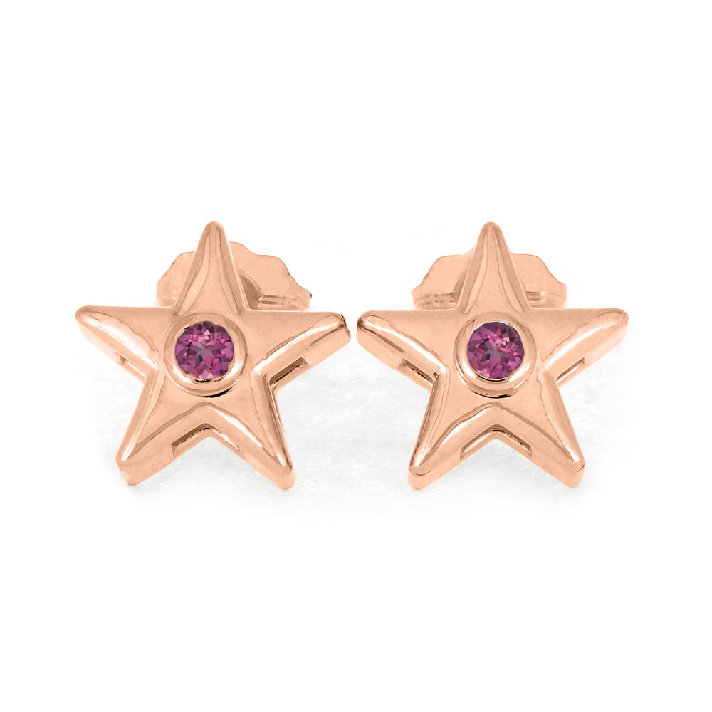 Rose gold star stud earrings with pink birthstone