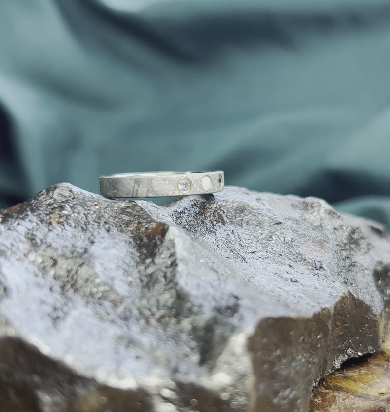 Meteorite Wedding Band With Aquamarine And Opal Gemstones
