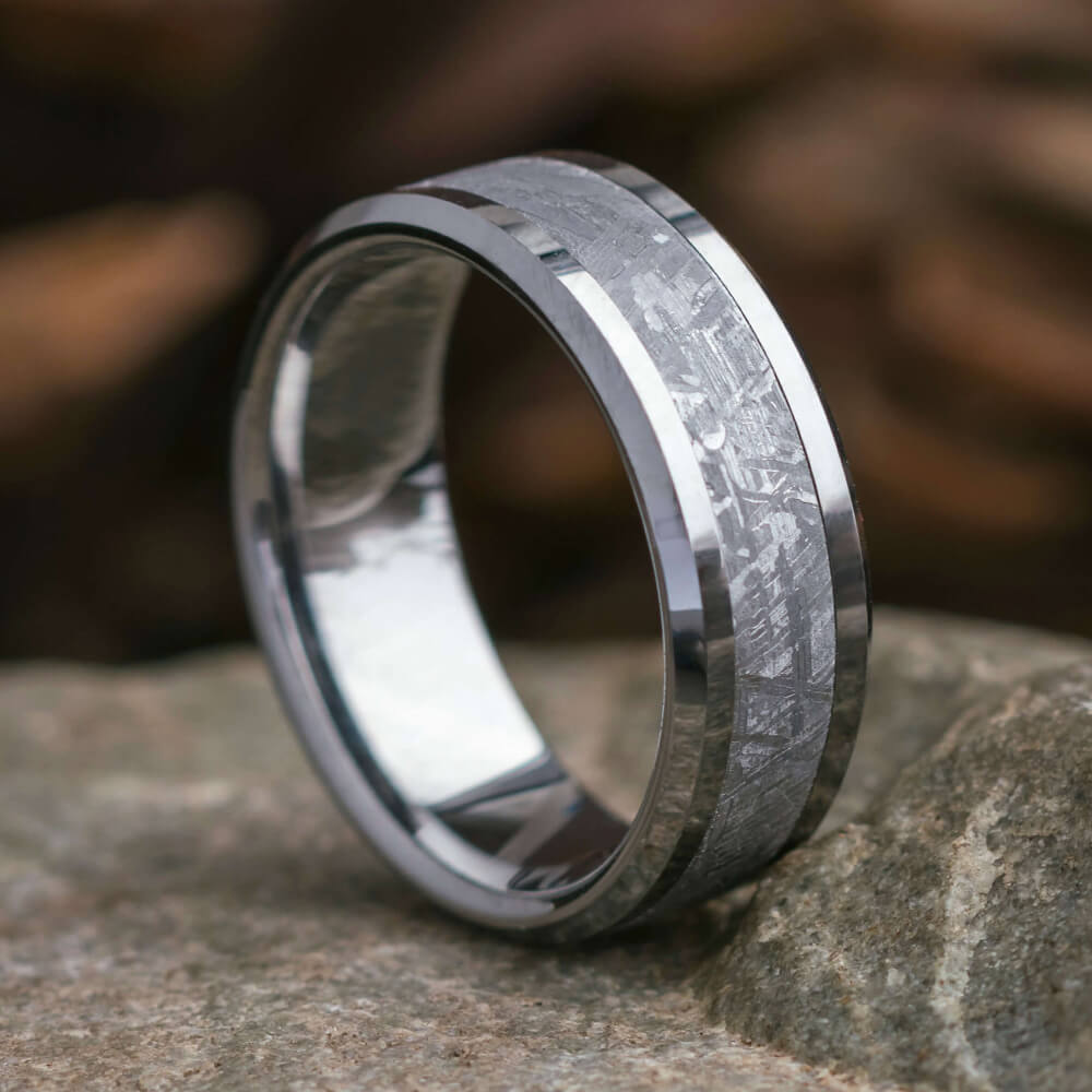Tungsten Meteorite Men’s Wedding Band with Beveled Edges