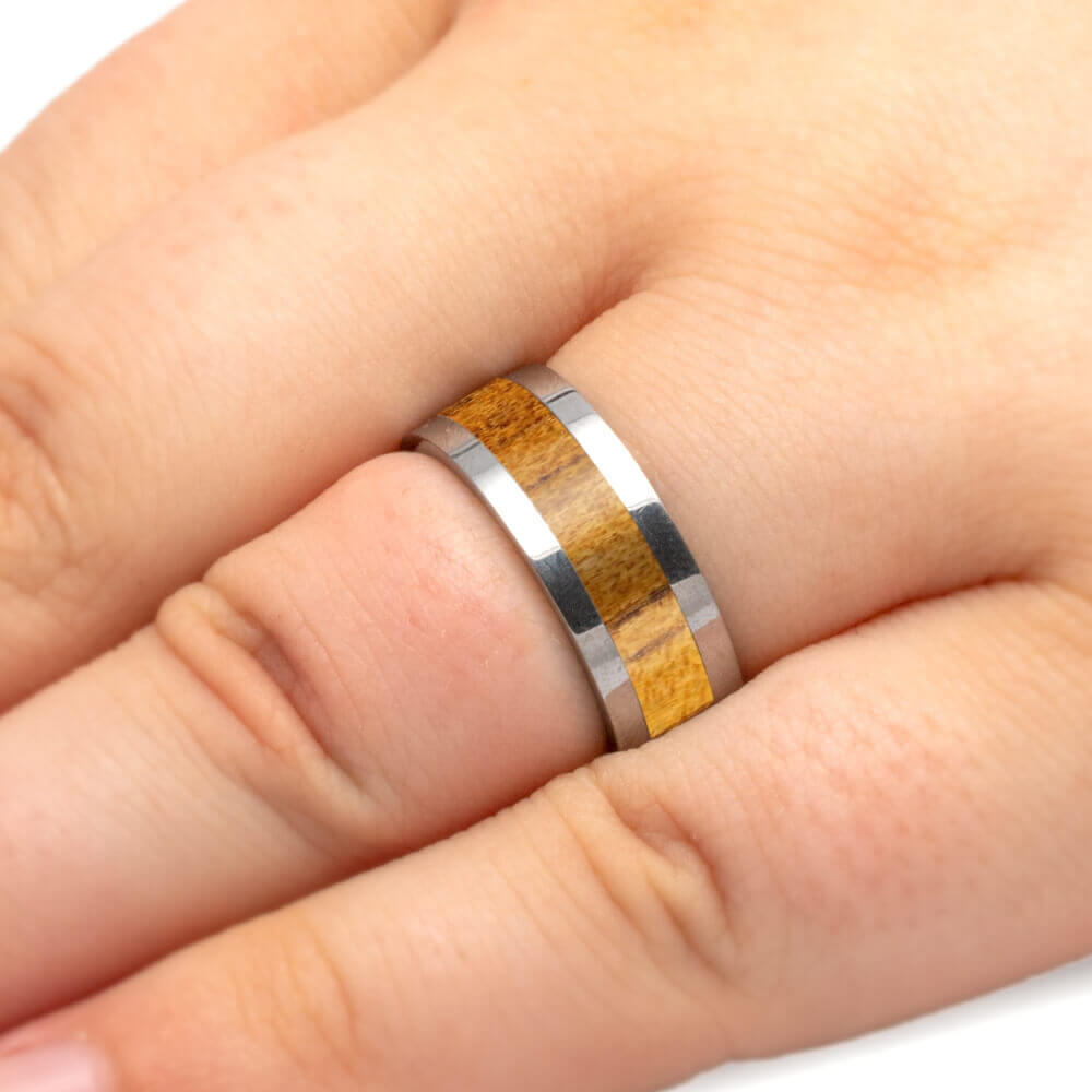 Koa Wood Inlaid on a Titanium Wedding Band