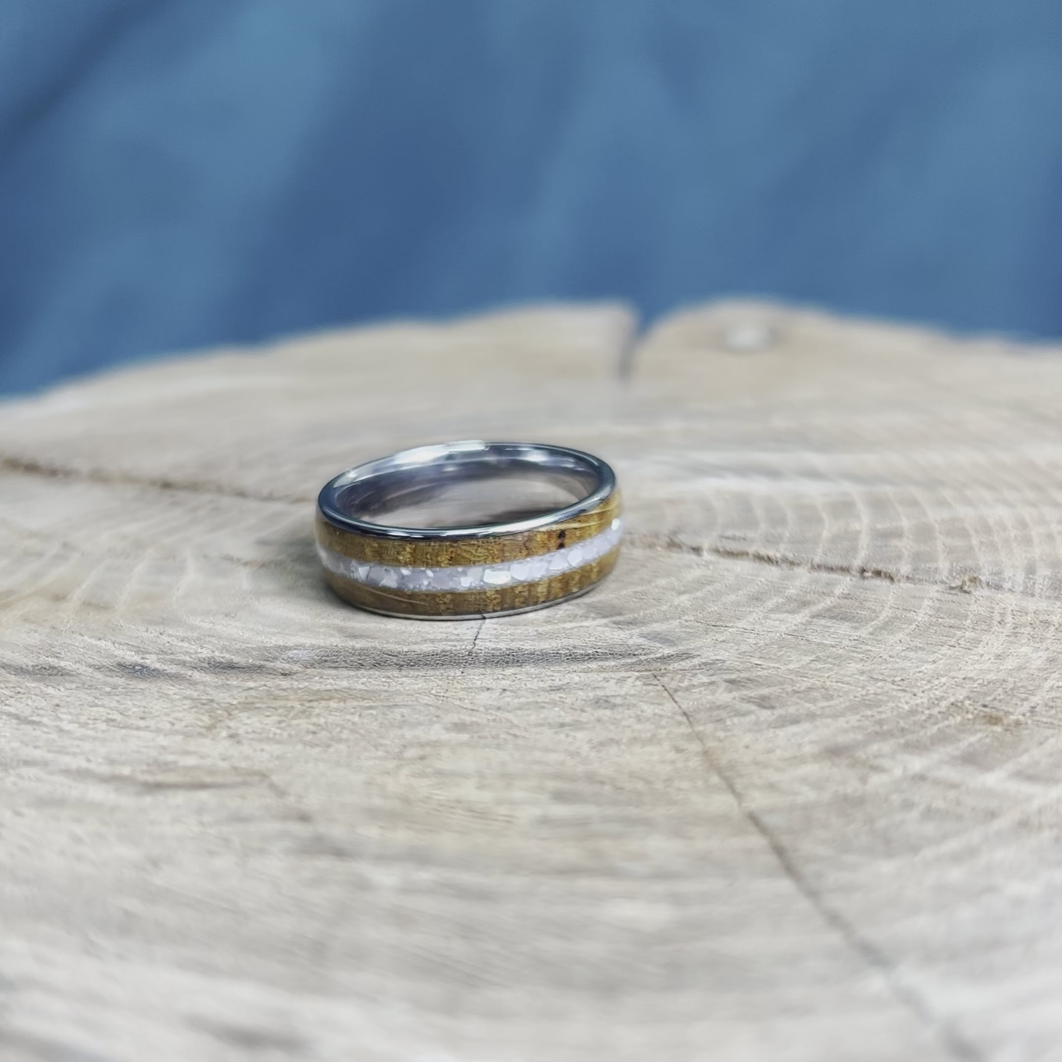 Whiskey Barrel Wood Wedding Band with Crushed Pearl