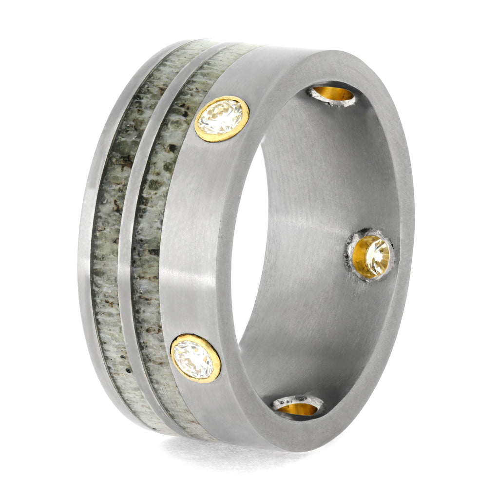 Diamond Ring Accented By Deer Antler In Titanium-1163 - Jewelry by Johan