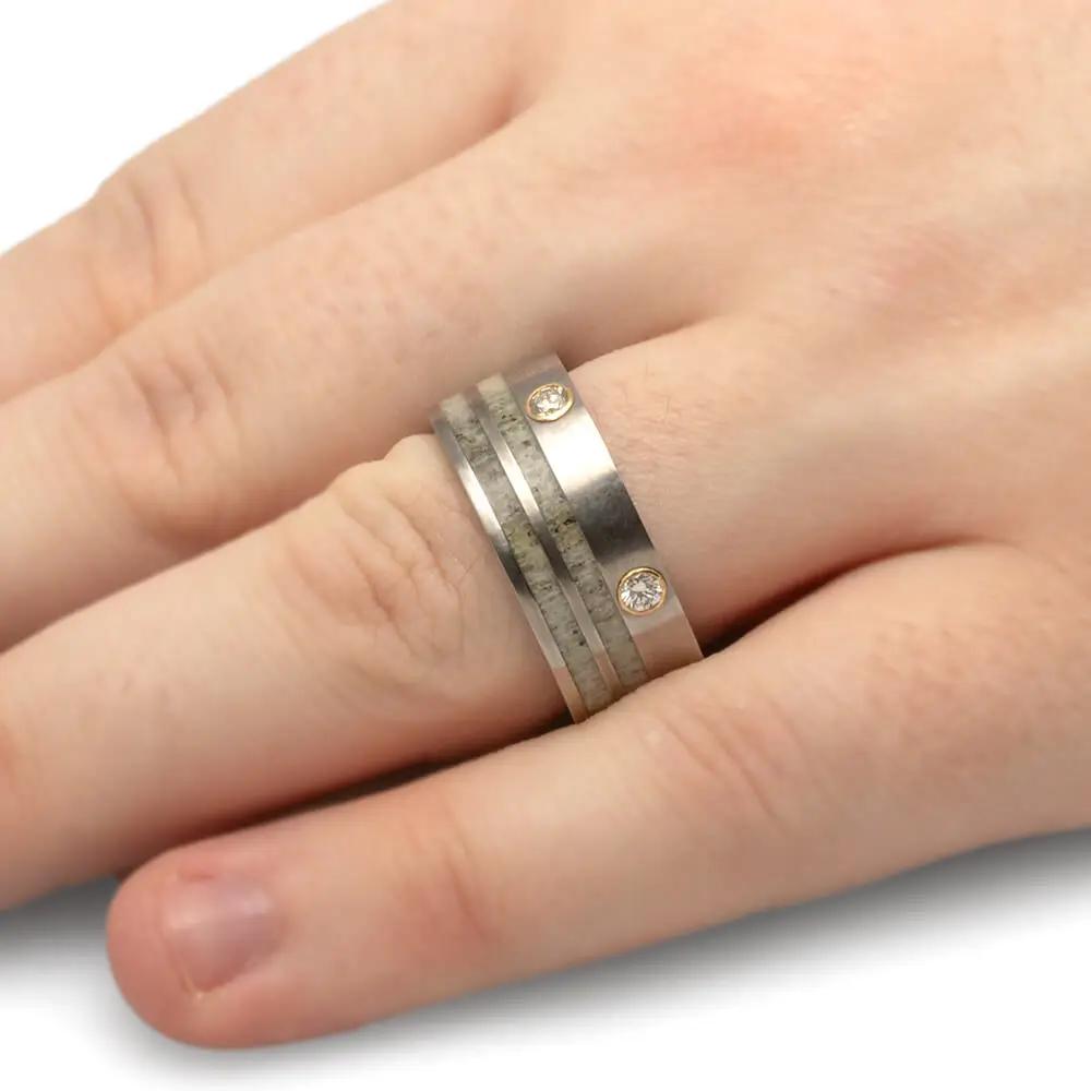 Diamond Ring Accented By Deer Antler In Titanium-1163 - Jewelry by Johan