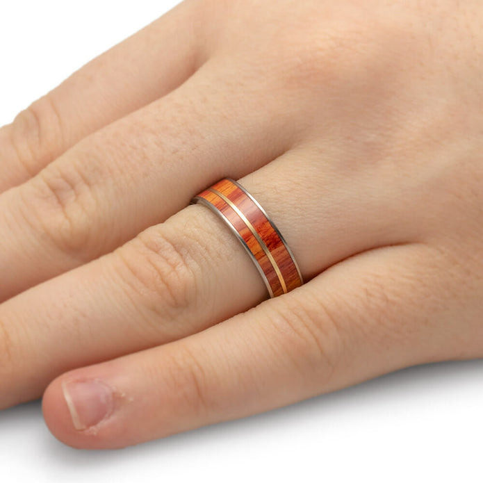 Tulipwood Ring With Rose Gold Pinstripe, Titanium Wedding Band-1180 - Jewelry by Johan