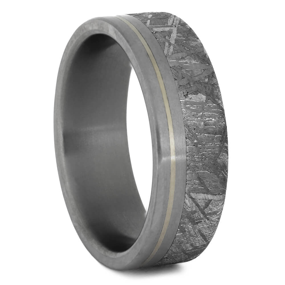 Matte Finish Men's Wedding Band with Meteorite & White Gold Pinstripe