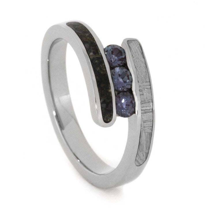 Alexandrite Three Stone Ring With Dinosaur Bone In White Gold-2007 - Jewelry by Johan