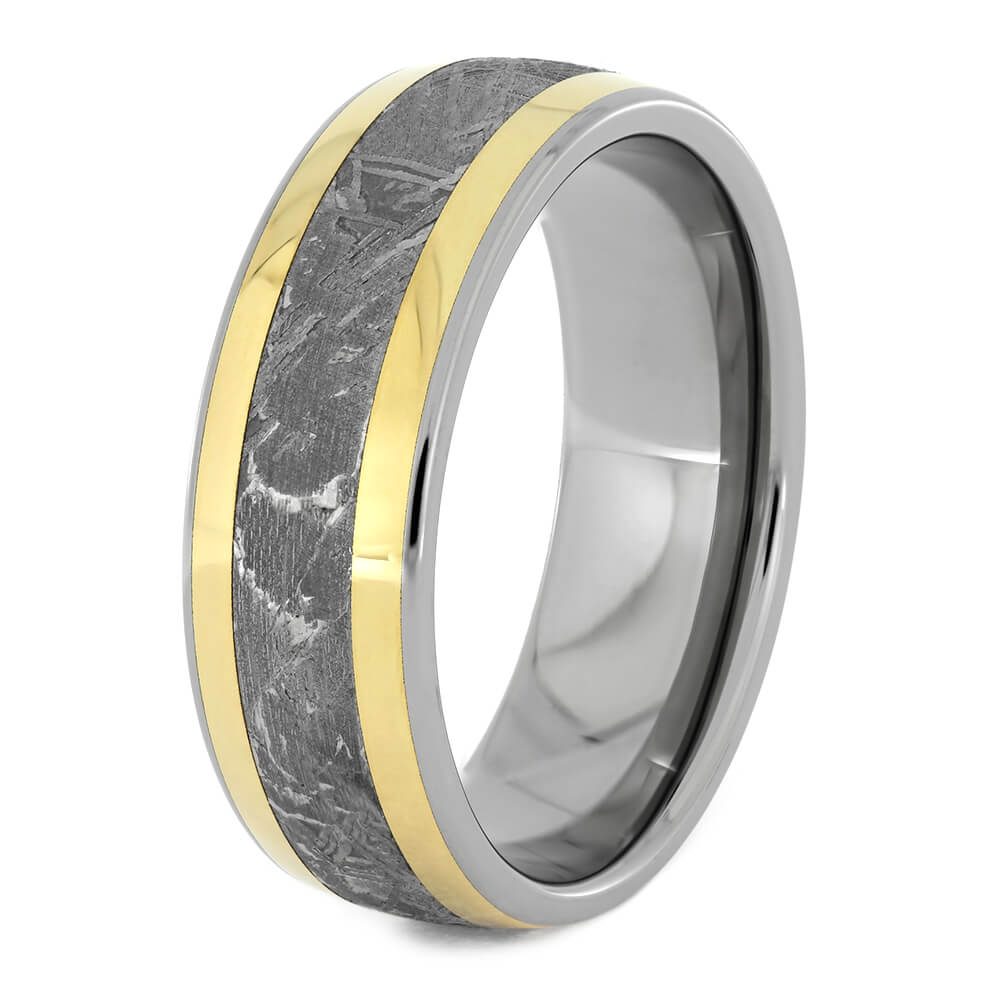 Titanium Men's Wedding Band with Meteorite and Yellow Gold Inlays-1219 - Jewelry by Johan