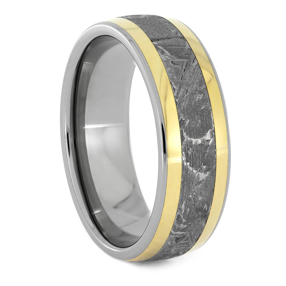 Titanium Men's Wedding Band with Meteorite and Yellow Gold Inlays-1219 - Jewelry by Johan