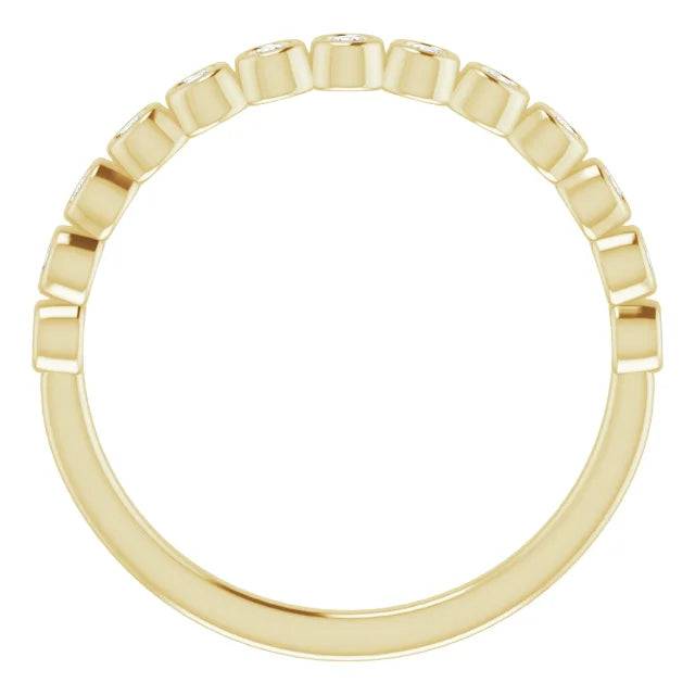 Top view of yellow gold bezel set diamond anniversary band
