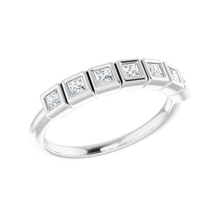 Elegant square cut diamond band with bezel setting on white background
