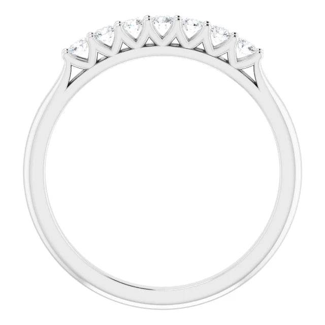 Side view of 7-stone diamond ring with V-shaped prong