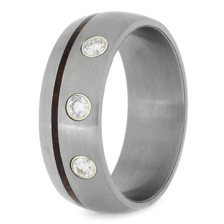 Ipe Wood Wedding Band With Diamonds, Brushed Titanium Ring-2374 - Jewelry by Johan