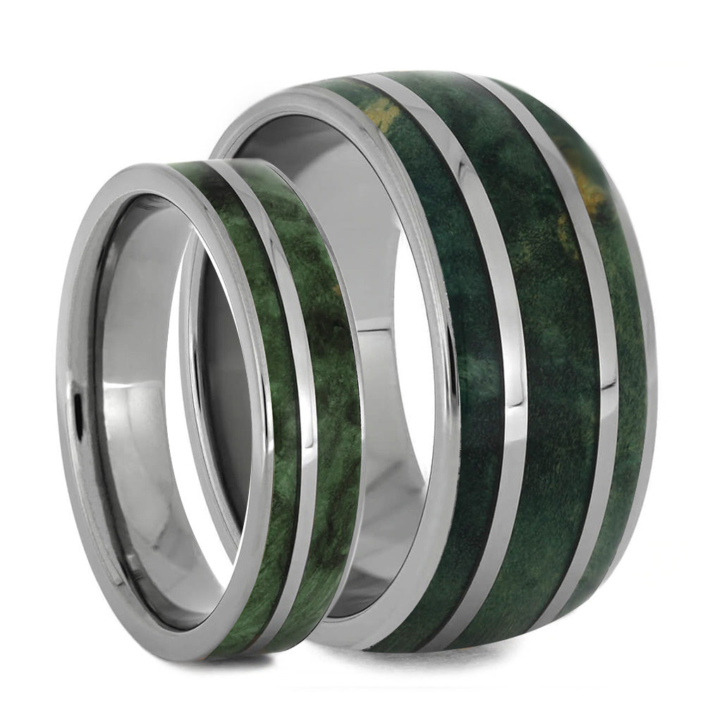 His & Hers Wood Rings Set, Green Wedding Band Set
