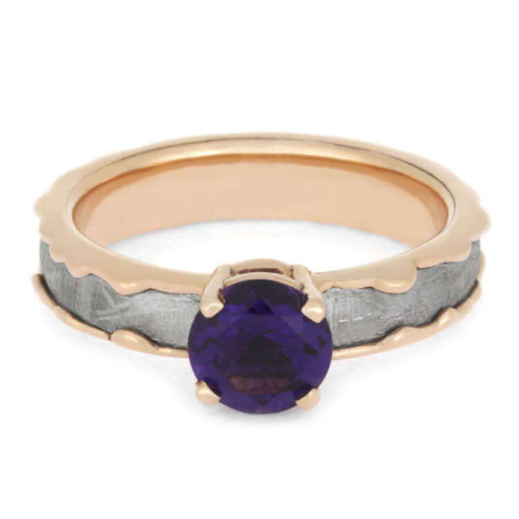 Amethyst Engagement Ring, Wavy Rose Gold Ring With Meteorite Inlay-2542 - Jewelry by Johan