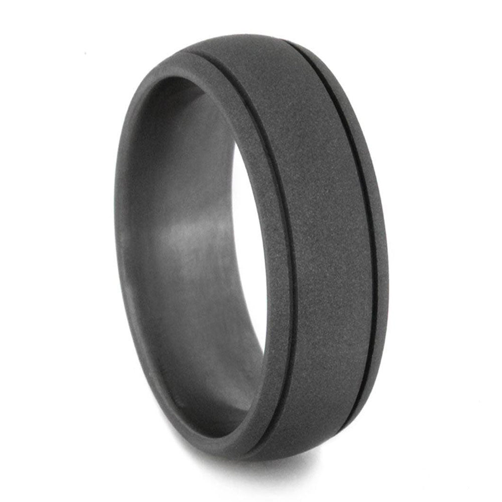 Round Wedding Ring with Sandblasted Titanium and Grooved Pinstripes-1367 - Jewelry by Johan