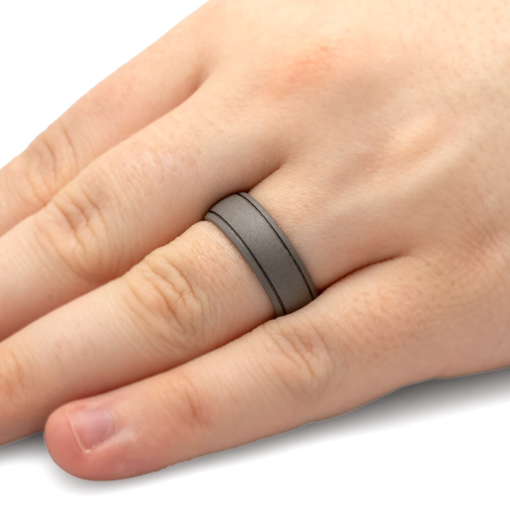 Round Wedding Ring with Sandblasted Titanium and Grooved Pinstripes-1367 - Jewelry by Johan
