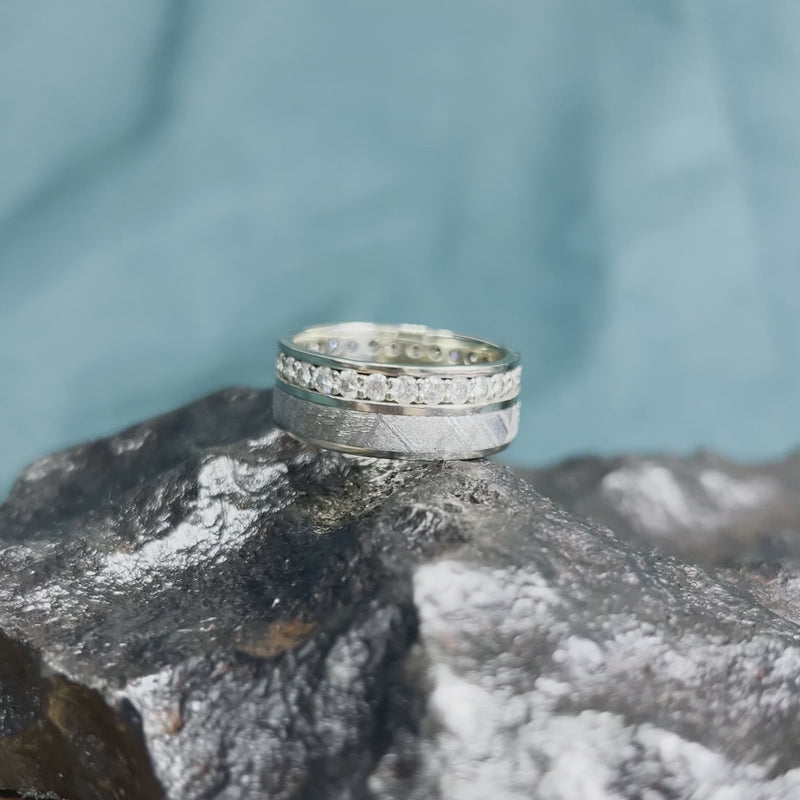 Meteorite and Moissanite Eternity Band in Polished Gold