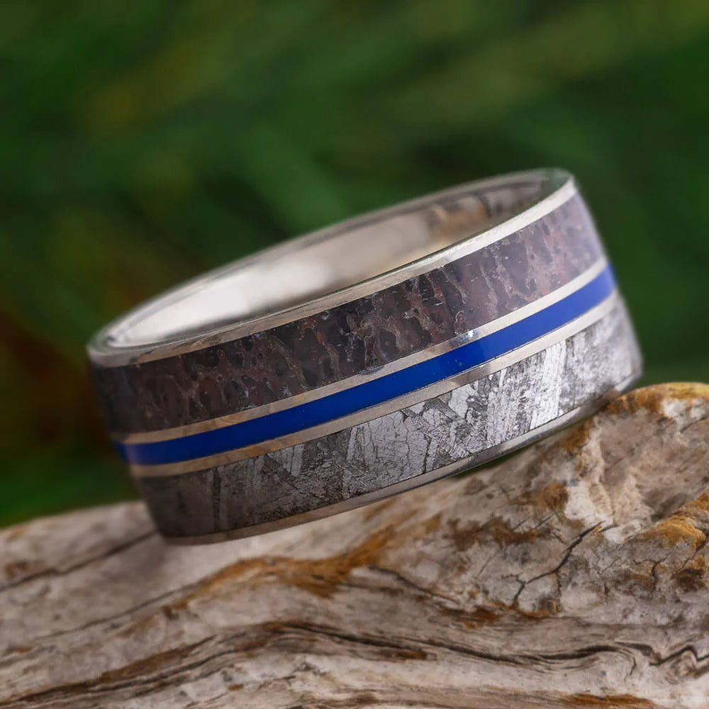 Meteorite & Dinosaur Bone Ring With Blue Enamel Stripe - Jewelry by Johan