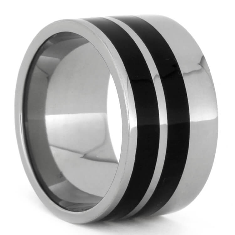 Thick Titanium Ring With Two African Blackwood Inlays