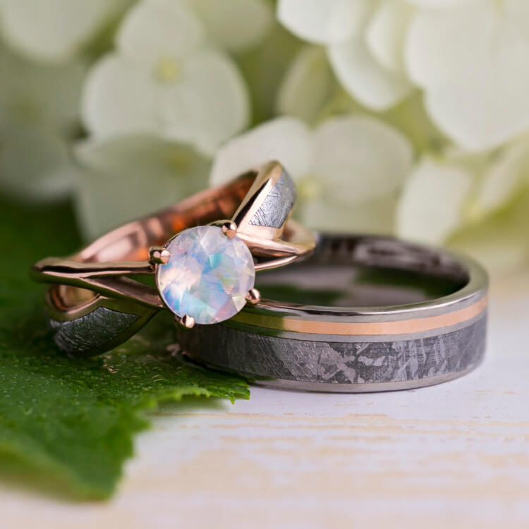 Meteorite Wedding Ring Set with Moonstone Engagement Jewelry By