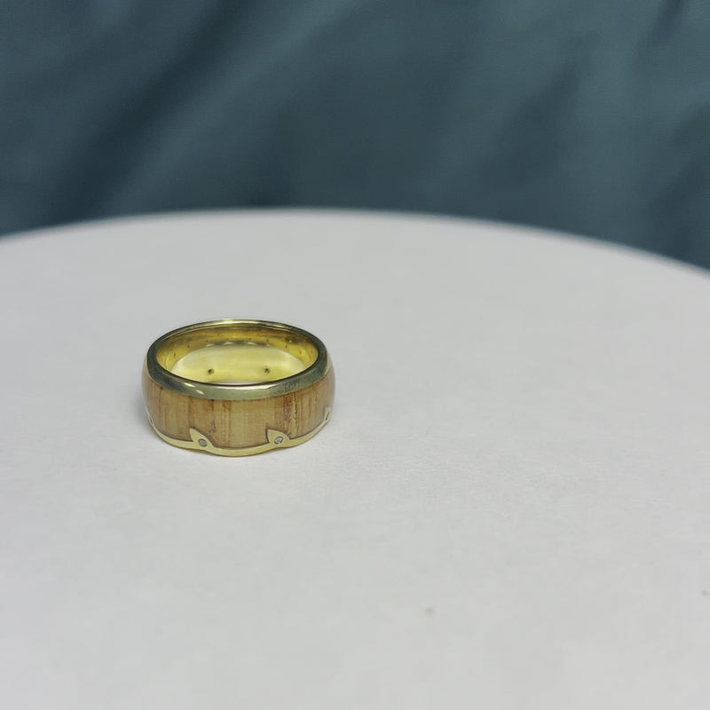 Oak Wood Wedding Band With Wavy Diamond Leaf Eternity Edge