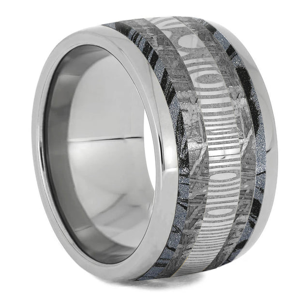 Wide Blue Wedding Band With Mokume Gane, Damascus & Meteorite - Jewelry by Johan
