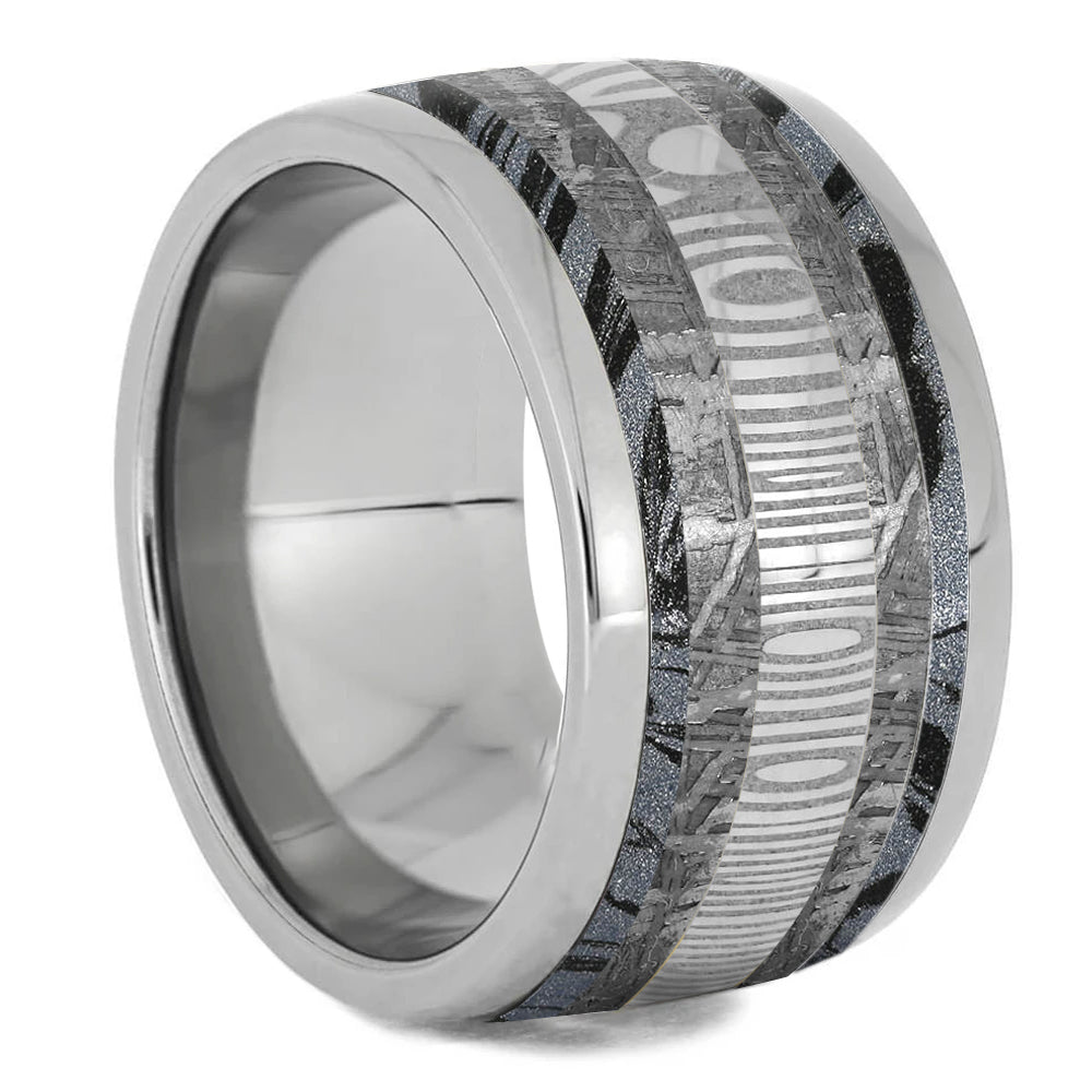Wide Blue Wedding Band With Mokume Gane, Damascus & Meteorite - Jewelry by Johan