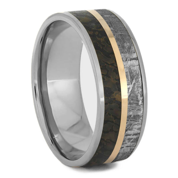 Meteorite & Dinosaur Bone Ring With Gold Pinstripe