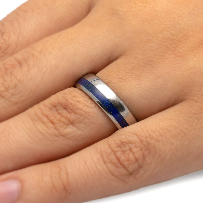 Lapis Lazuli Ring, Titanium Wedding Band With Round Profile