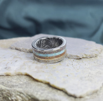 Unique Men's Ring with Meteorite, Dinosaur Bone, Turquoise & Petrified Wood