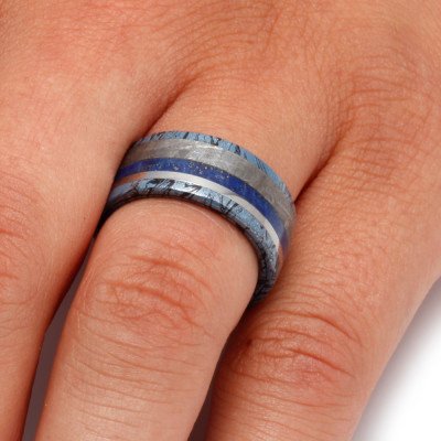 Unique Men's Ring With Mokume, Meteorite and Lapis Lazuli-2047 - Jewelry by Johan