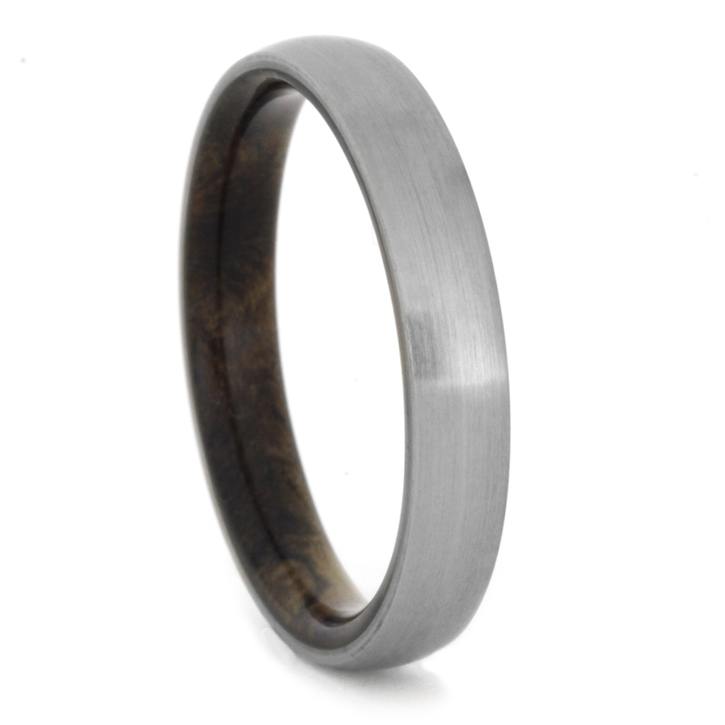 Thin Brushed Titanium Ring With Buckeye Burl Wood