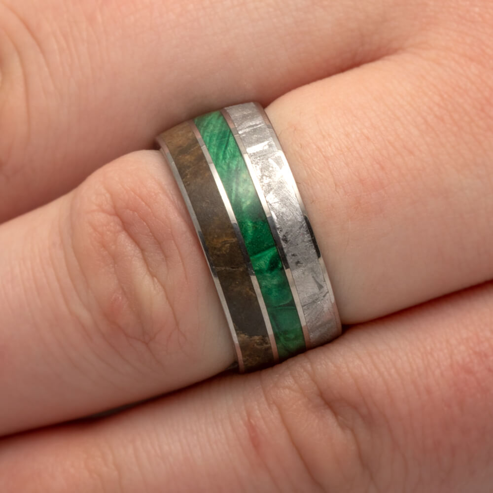 Meteorite, Green Box Elder Burl, Dinosaur Bone Ring