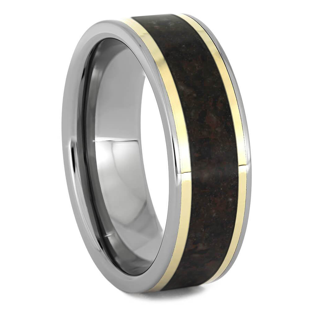 Crushed Dinosaur Bone Wedding Band With Gold Pinstripes - Jewelry by Johan