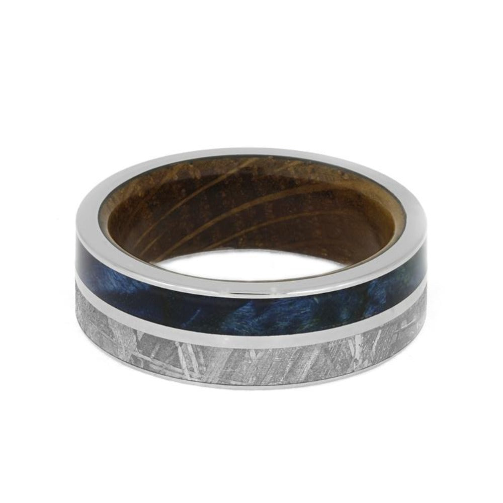 Meteorite, Blue Box Elder Burl, And Titanium Ring With Whiskey Wood Sleeve-3933 - Jewelry by Johan