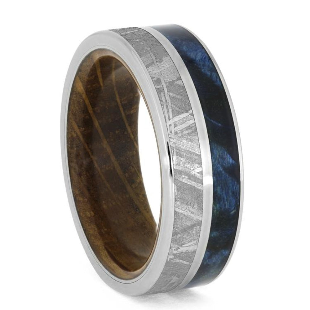 Meteorite, Blue Box Elder Burl, And Titanium Ring With Whiskey Wood Sleeve-3933 - Jewelry by Johan