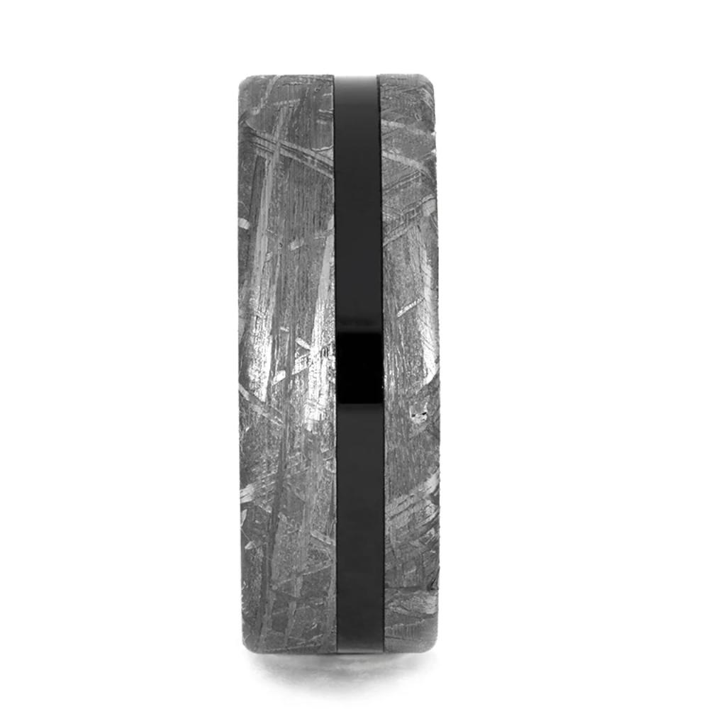 Black Ceramic Men's Wedding Band With Gibeon Meteorite Edges-3934 - Jewelry by Johan