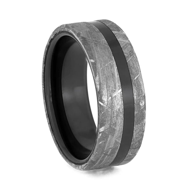 Black Ceramic Men's Wedding Band With Gibeon Meteorite Edges-3934 - Jewelry by Johan