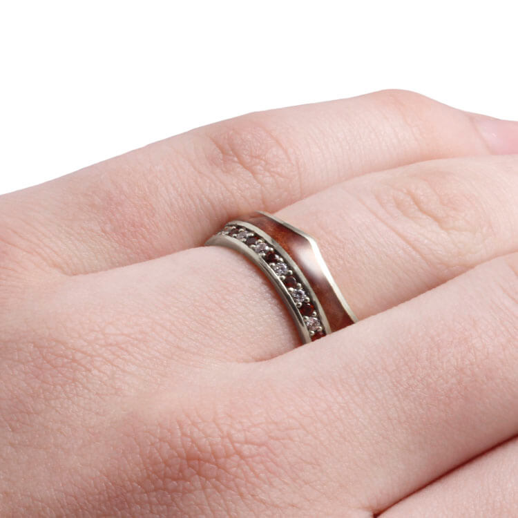 Crown Ring, Gemstone Eternity Wedding Band, White Gold Ring With Wood Inlay-DJ1020WG - Jewelry by Johan