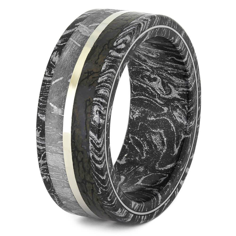 Black and White Mokume Gane Ring with Meteorite, Dinosaur Bone-1654 - Jewelry by Johan