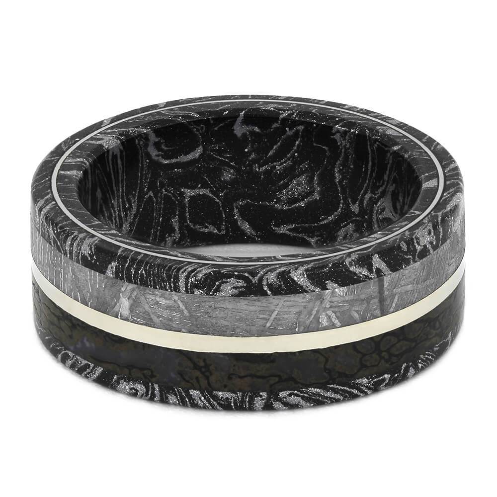 Black and White Mokume Gane Ring with Meteorite, Dinosaur Bone-1654 - Jewelry by Johan