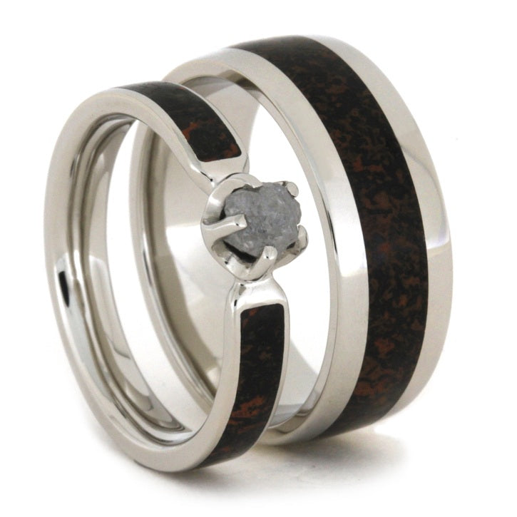 Dino Bone Wedding Ring Set With Rough Diamond Engagement Ring