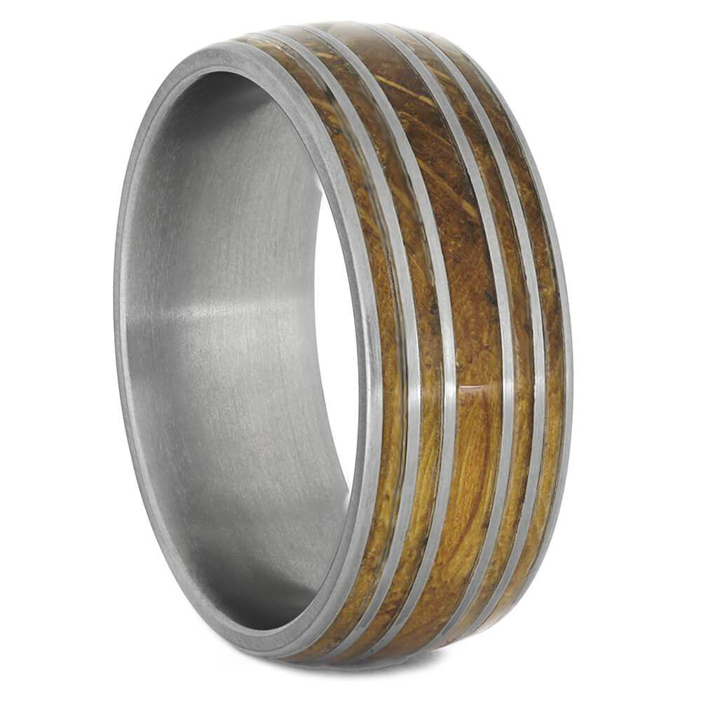 Authentic Oak Wood Whiskey Barrel Ring With Titanium Pinstripes - Jewelry by Johan
