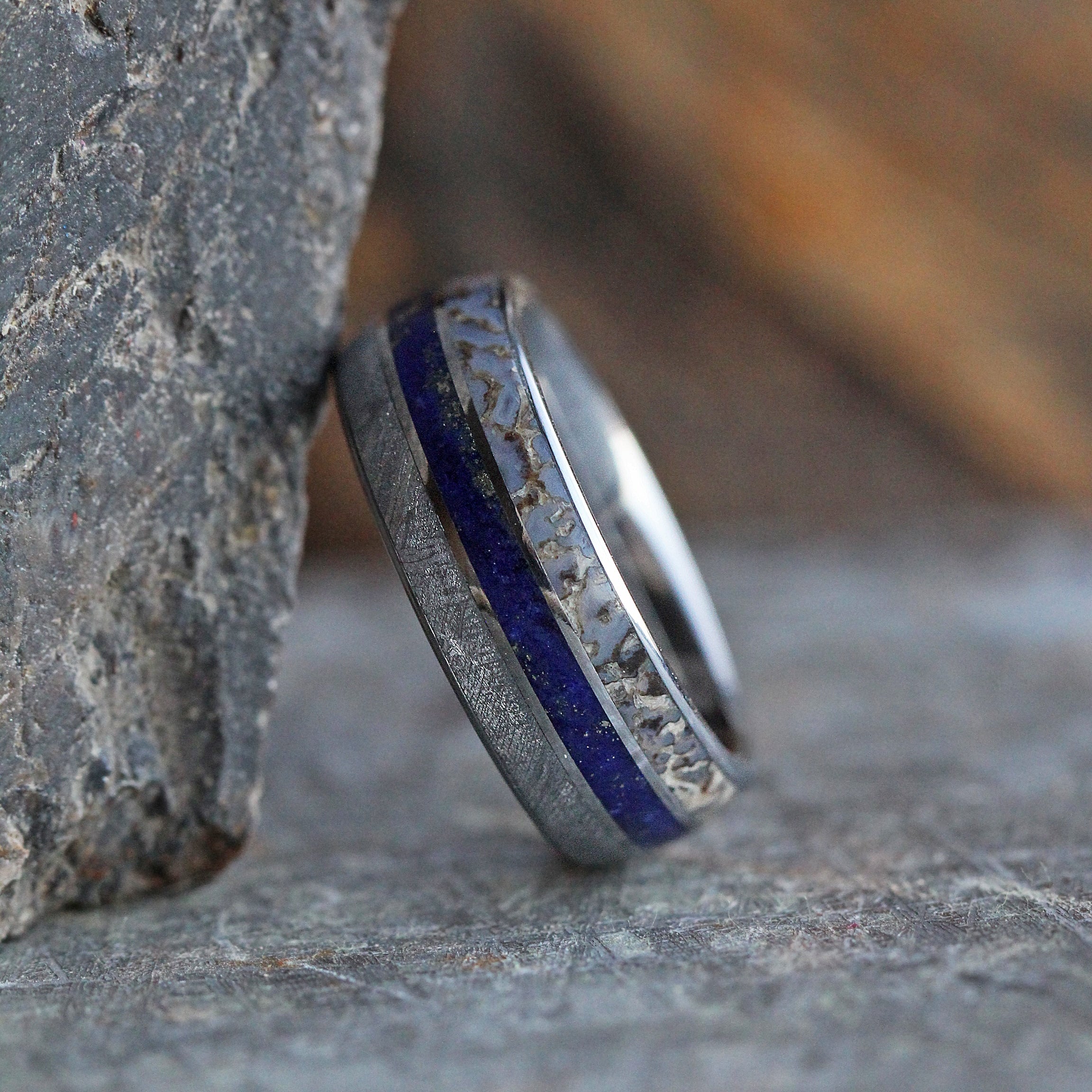 Meteorite Ring With Dinosaur Bone And Lapis Lazuli In Titanium-2172 - Jewelry by Johan